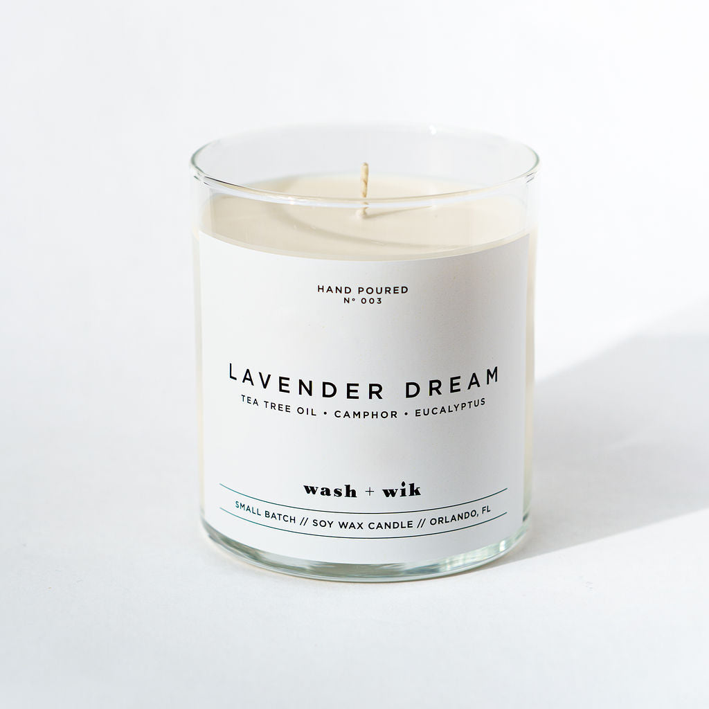 Candle labeled 'Lavender Dream' on a white background