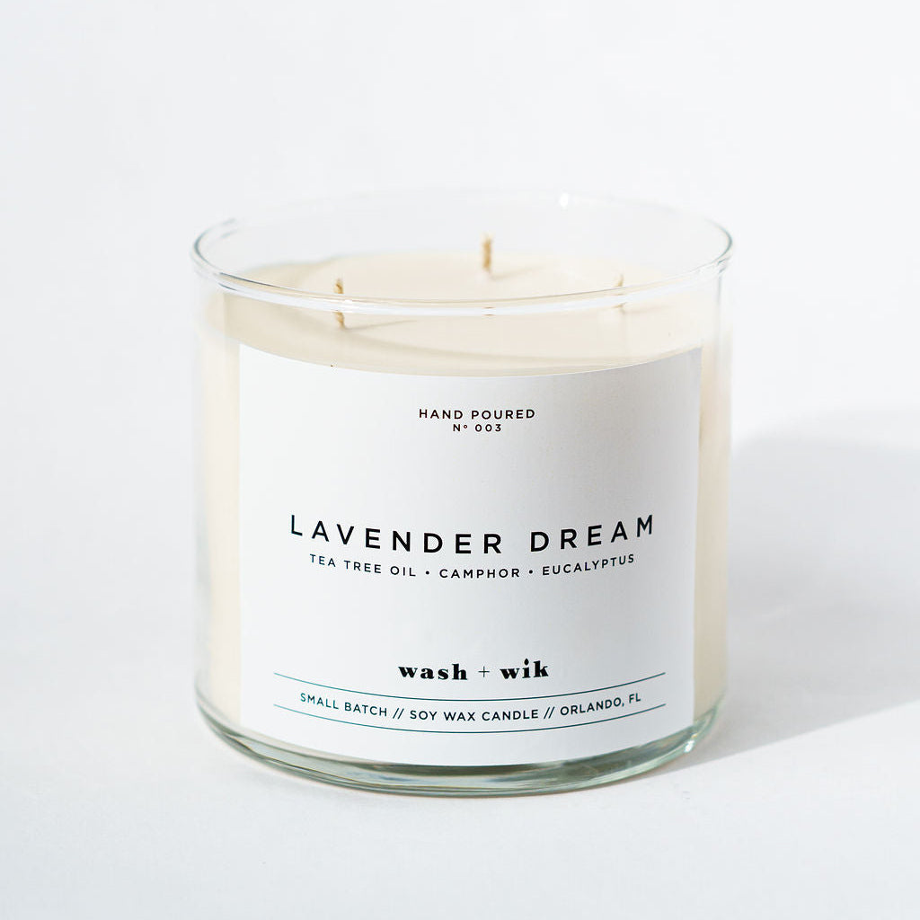 Lavender Dream candle with a white label on a white background
