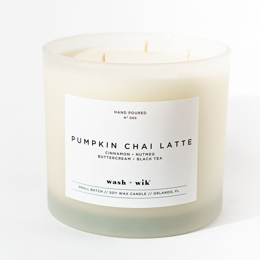 Pumpkin Chai Latte candle with a label on a white background