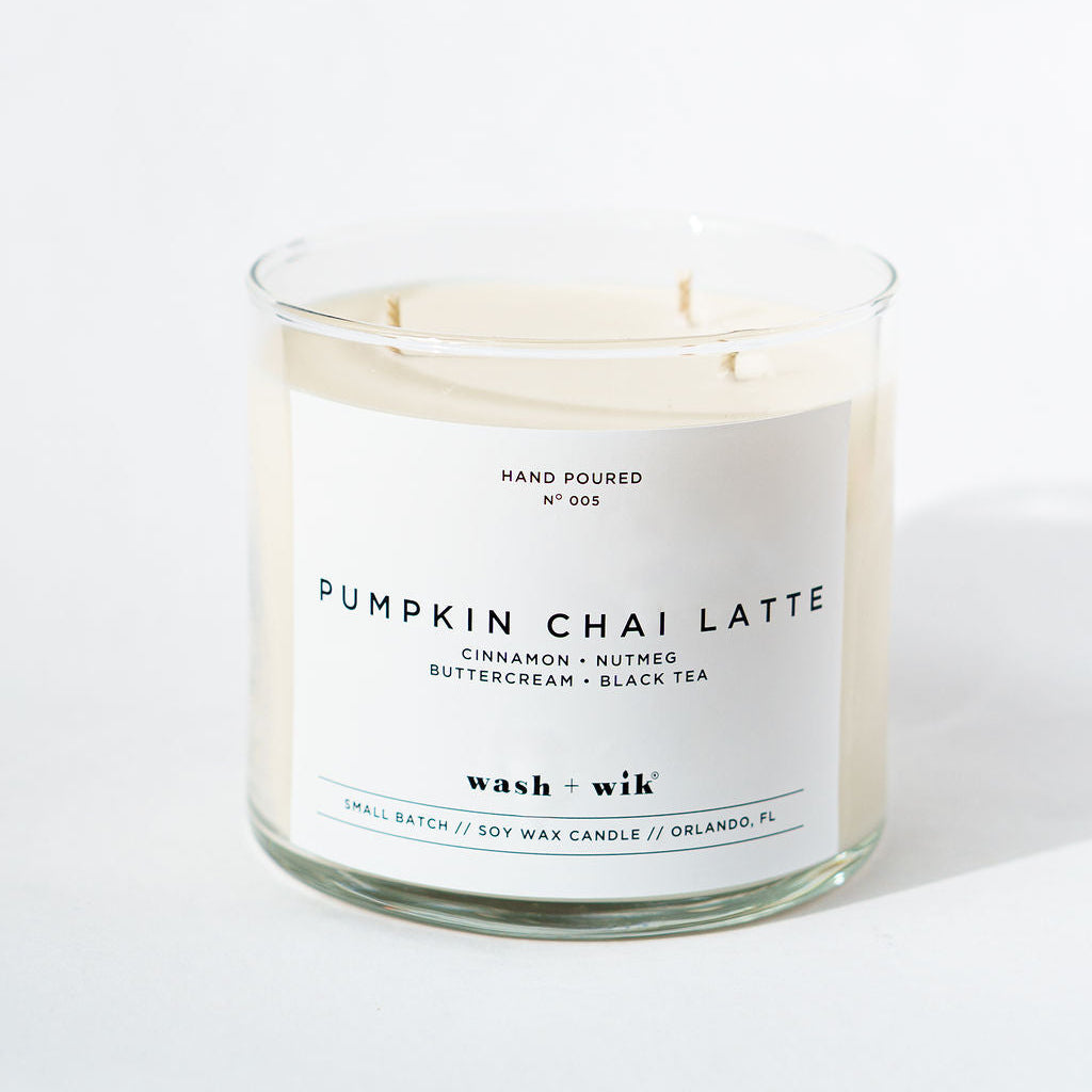 Pumpkin Chai Latte candle with a label on a white background