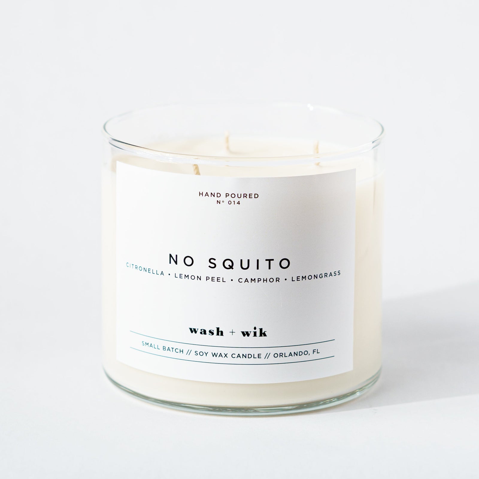 Candle labeled 'No Squito' on a white background