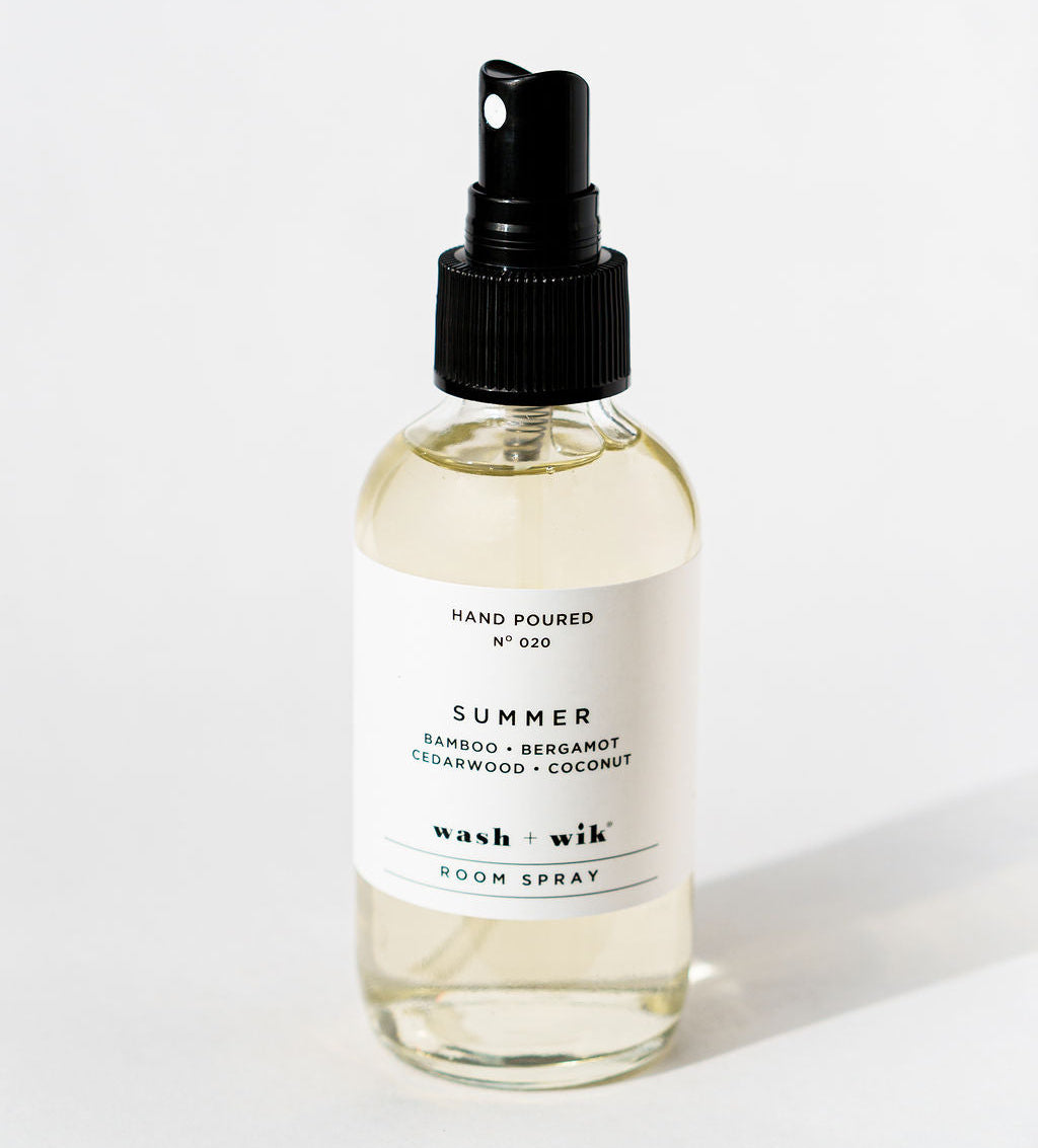 Bottle of room spray with a label on a white background