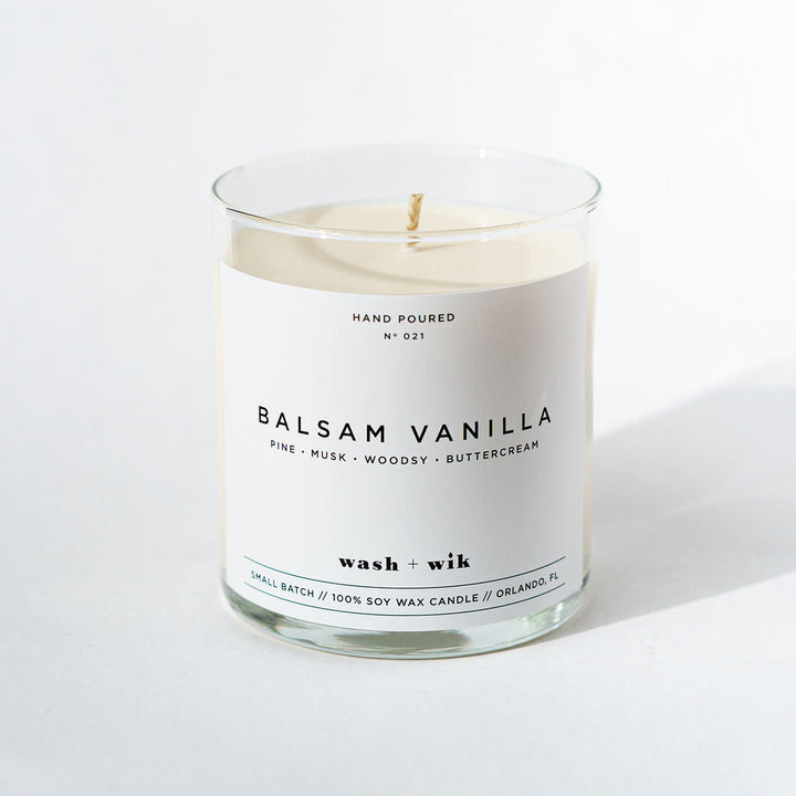 Balsam Vanilla candle with a white label on a light background