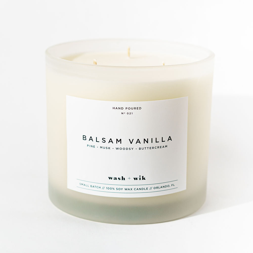 Balsam Vanilla candle with a white label on a white background