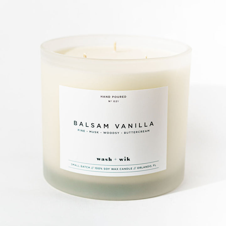 Balsam Vanilla candle with a white label on a white background
