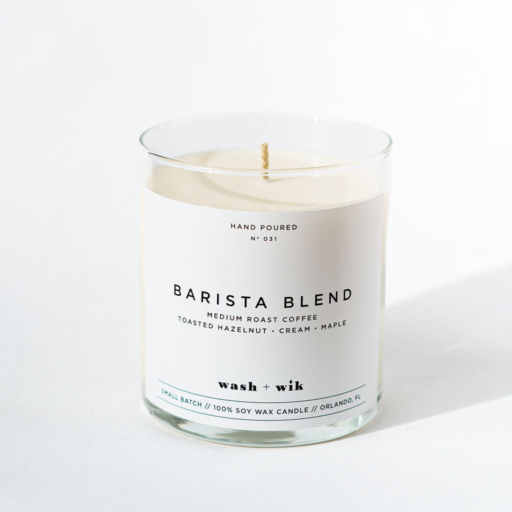 Barista Blend candle in a glass jar with a white label on a light background