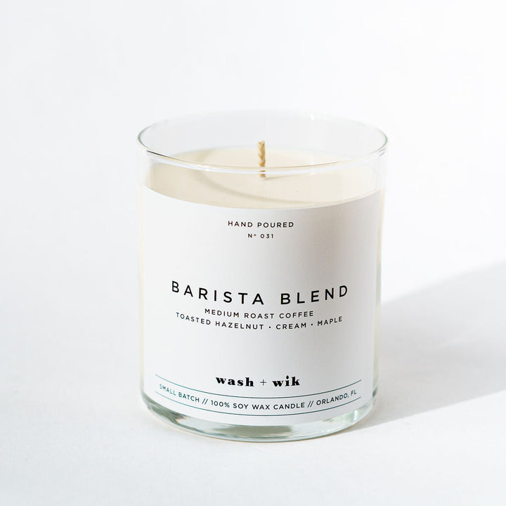 Barista Blend candle in a glass jar with a white label on a light background