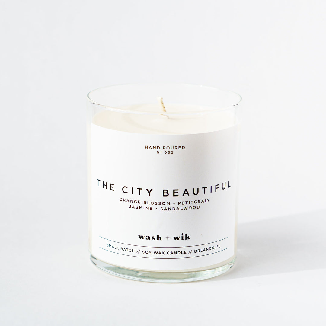 Candle with a white label on a white background