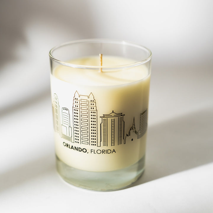Candle with Orlando, Florida design on a white background