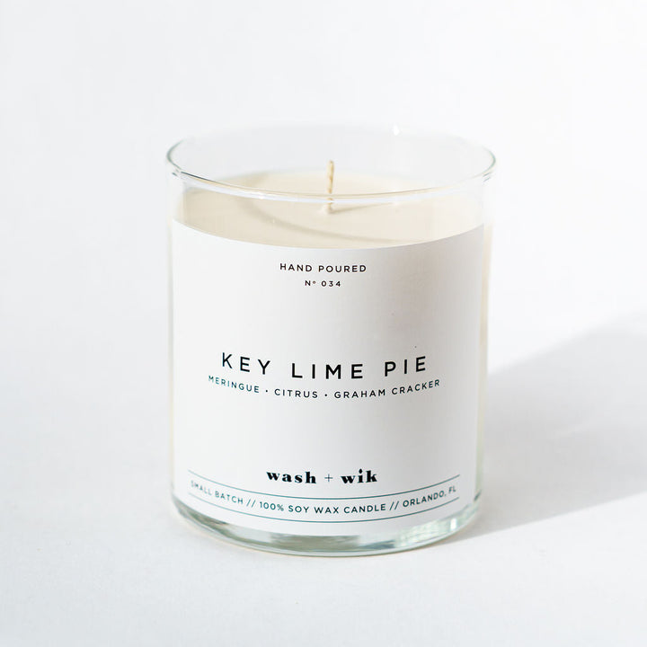 Key lime pie candle with a white label on a white background