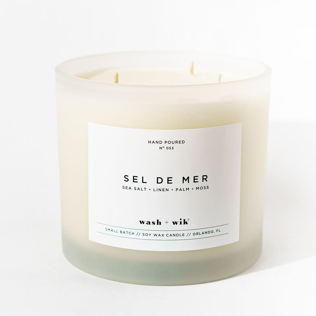 Sel de Mer candle with a white label on a white background