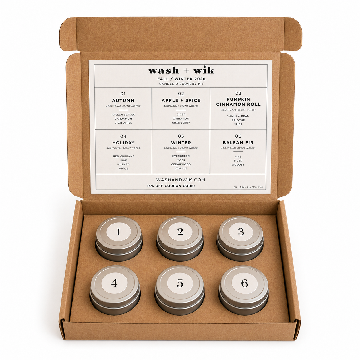 6 tin candles in a brown box 