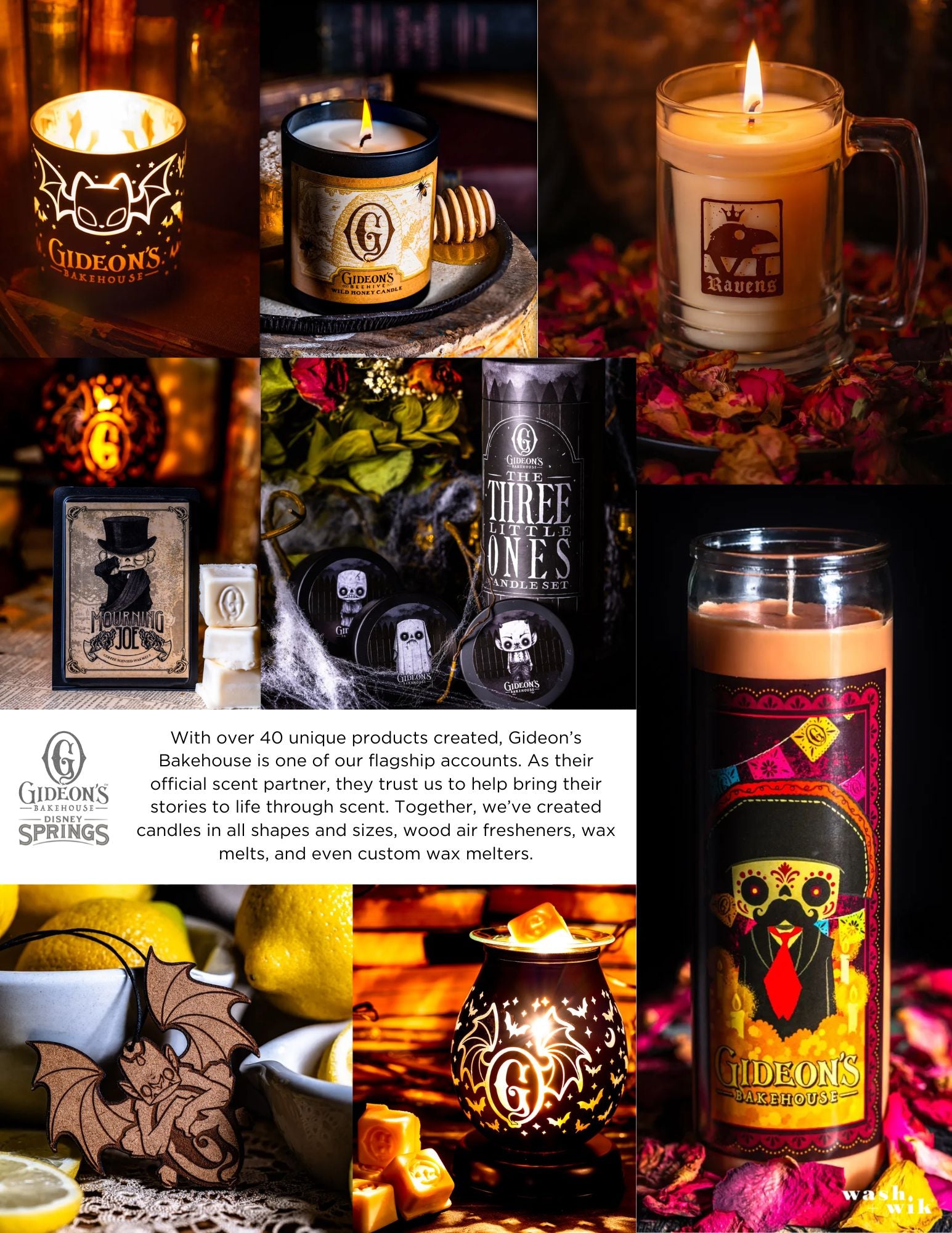 A promotional collage of custom made candles, wax melts, and air fresheners for Gideon's Bakehouse 