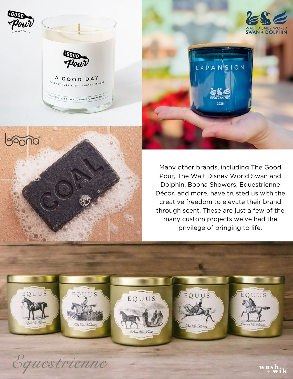 A promotional collage of custom made candles and a custom soap bar. 