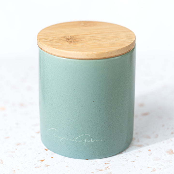 green ceramic tumbler with bamboo lid