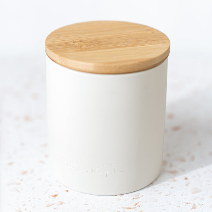 white ceramic tumbler with bamboo lid