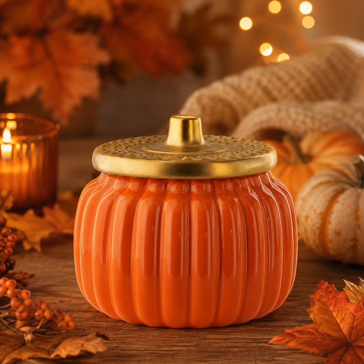 An orange ribbed pumpkin-shaped jar with a gold lid, styled on a wooden surface with autumn leaves, a candle, and pumpkins in the background.
