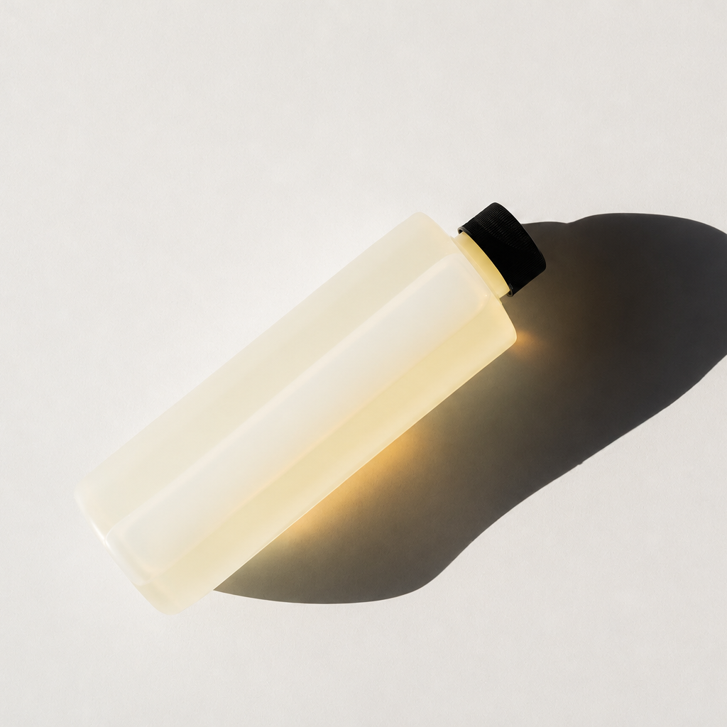 White cylindrical object with a black top on a light gray background
