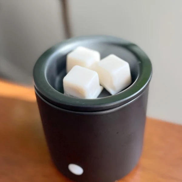 A candle holder with some white cubes in it