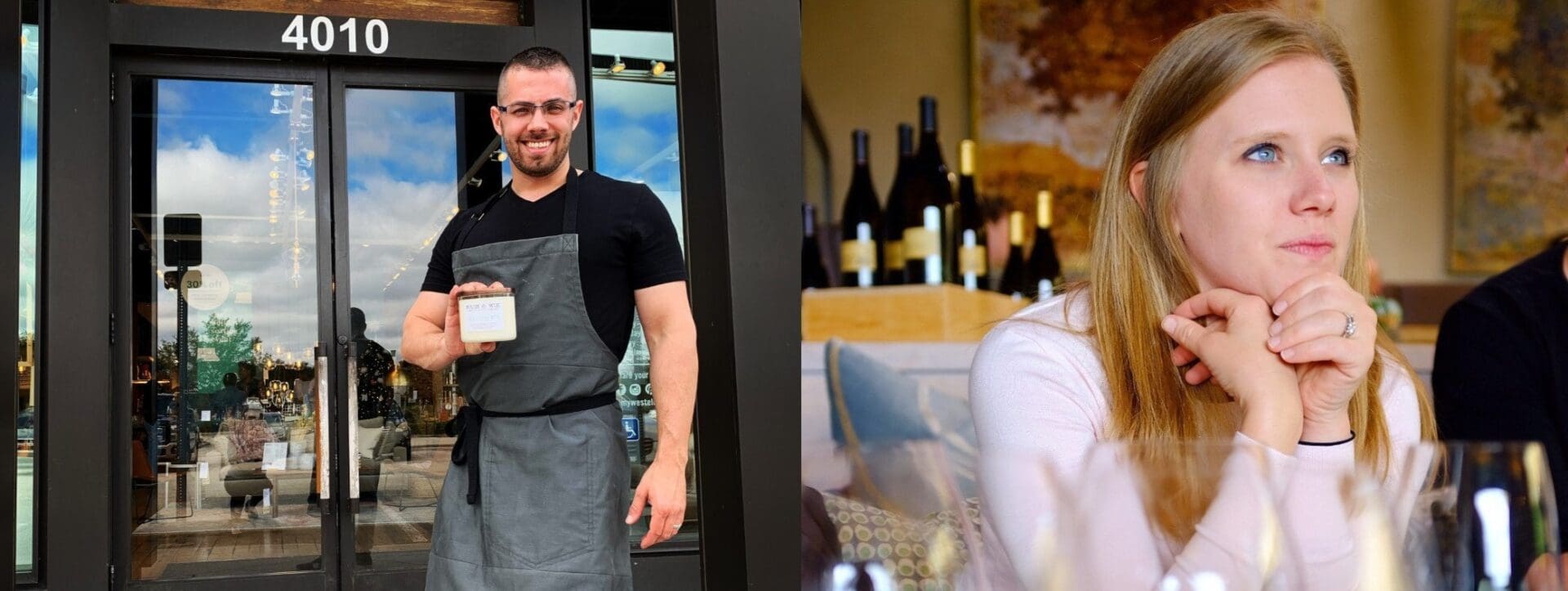 A man in an apron standing next to a woman.